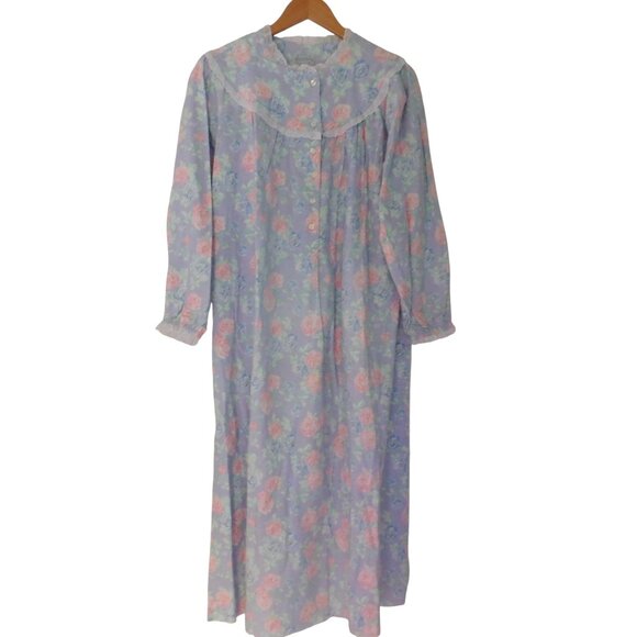 Lanz Of Salzburg Other - Lanz of Salzburg Flannel Nightgown Blue Pink Roses Eyelet Trim Size Small